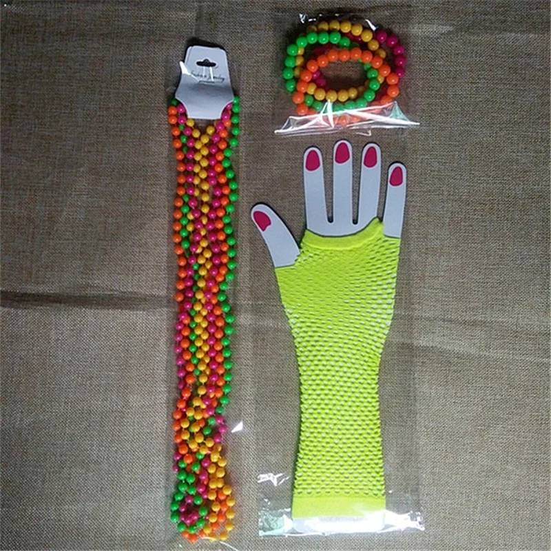 80's Party Costume Women's Neon Bead Necklace Bracelet Set with Fingerless Gloves