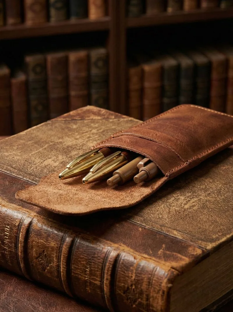 Cowhide Pen Case Holder Handmade Fountain Multi Pens Pouch Vegetable tanned leather Simple Pen Protective Sleeve Cover