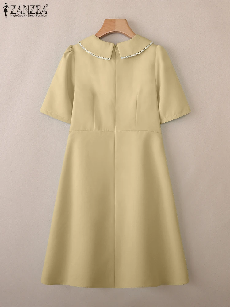 ZANZEA Elegante Spitze Trim Patchwork A-Line Kleid Frauen Peter-Pan Kragen Kurzarm Invertiert Falten Roben Femme Koreanische Mode