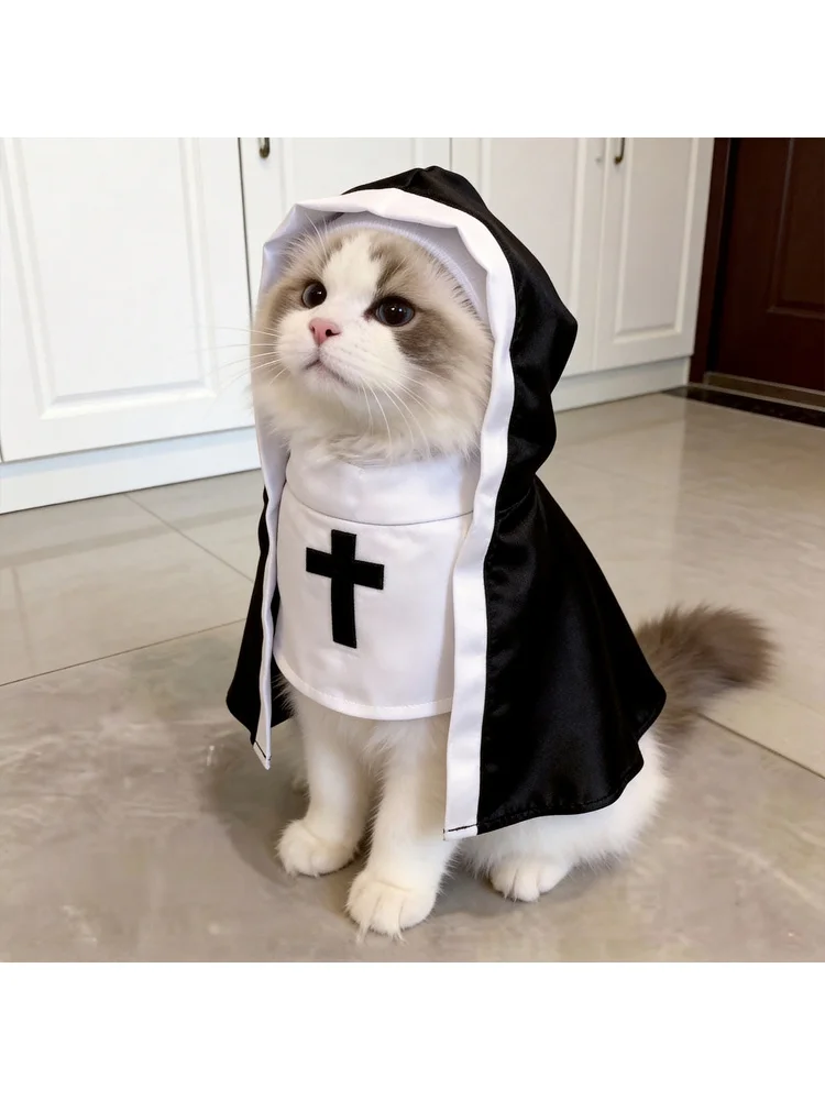 Zabawny kostium zakonnicy na Halloween dla małych i średnich psów oraz kotów, idealny do cosplayu, z kapturem, uroczy rekwizyt do zdjęć. — 2