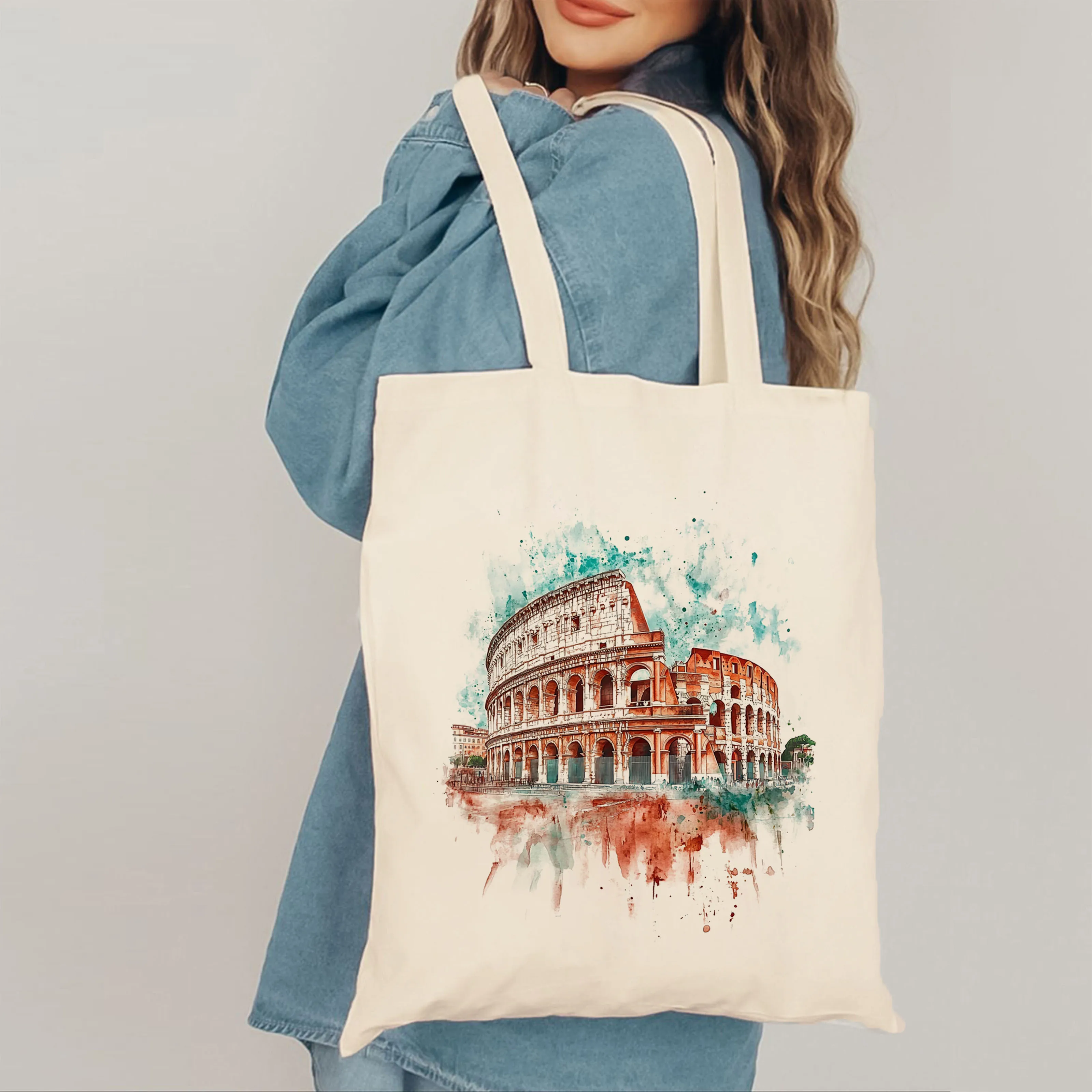 A Roman Colosseum watercolor print canvas tote bag, suitable for daily use, shopping, school, and travel