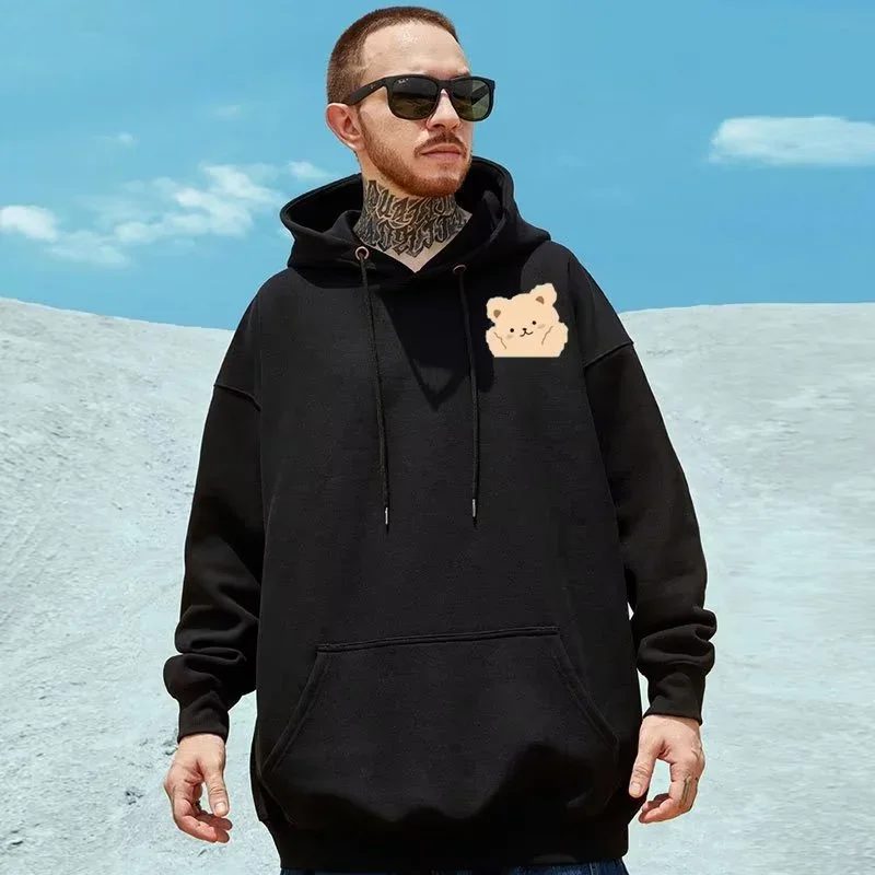 M-8XL American Style Street Brown Cute Bear Print Oversized Hoodie Couple Hoodie Student\'s Large Soft Velvet Hooded Sweater