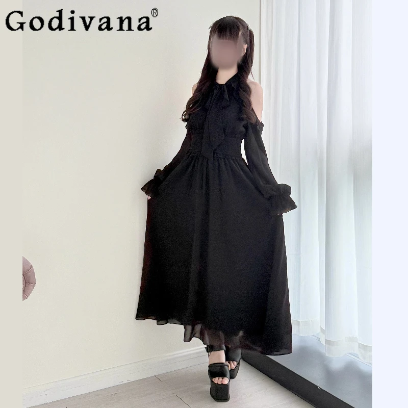 

Original Japanese Mass-Produced Black Long Dress Autumn Girl's Women Cute Bow Slim Fit Elegant Long Sleeve Off-Shoulder Dresses