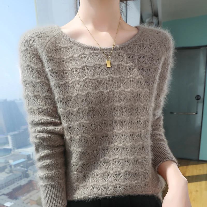 2024 new autumn and winter hollow round neck wool women's lazy style loose mink fur sweater pullover knitted base sweater