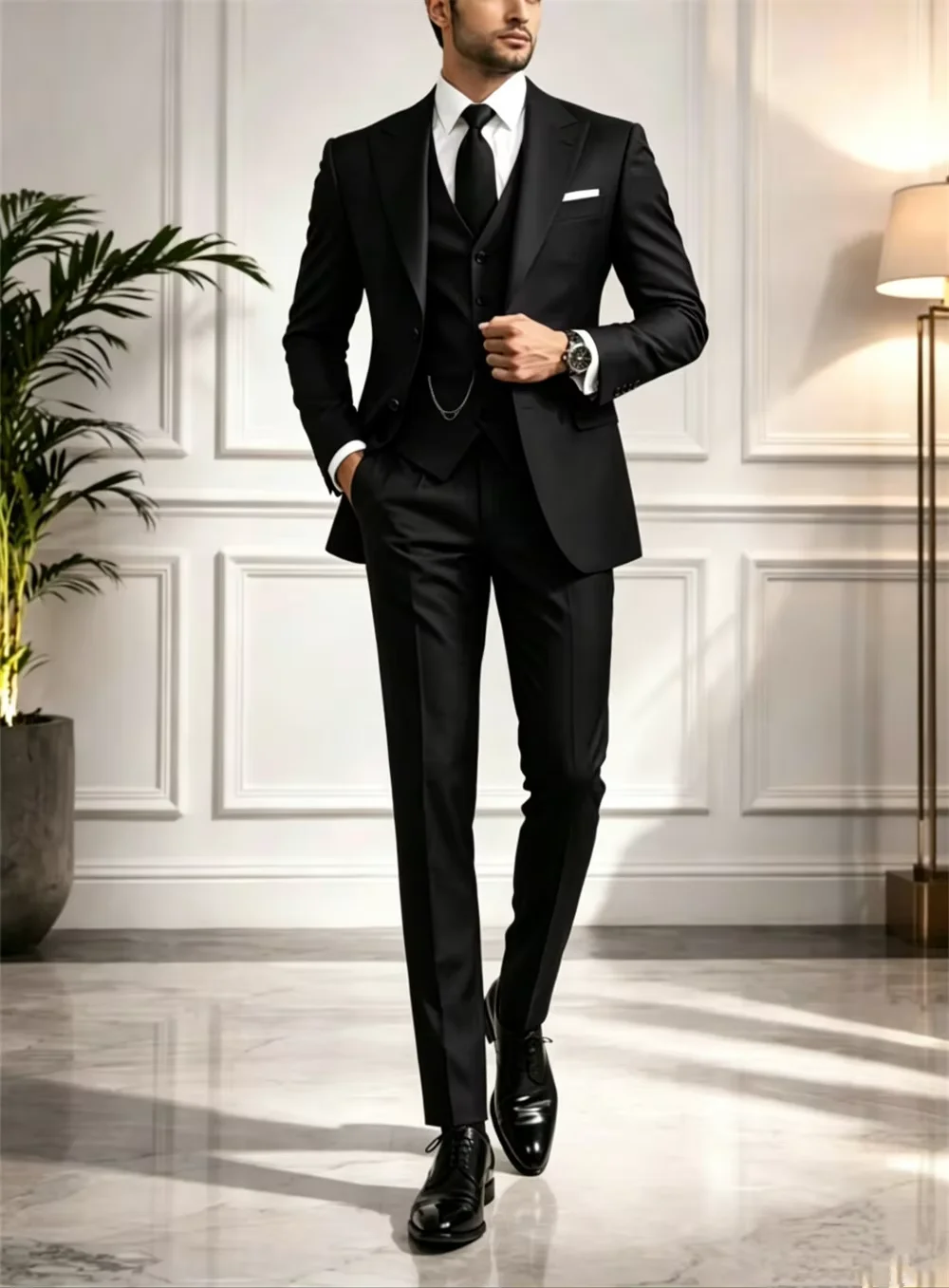 Solid Men's 3 Piece Slim Fit Groom Tuxedos Peak Lapel One Button Suit for Business Smart Casual Jacket Vest Pants Men Clothing