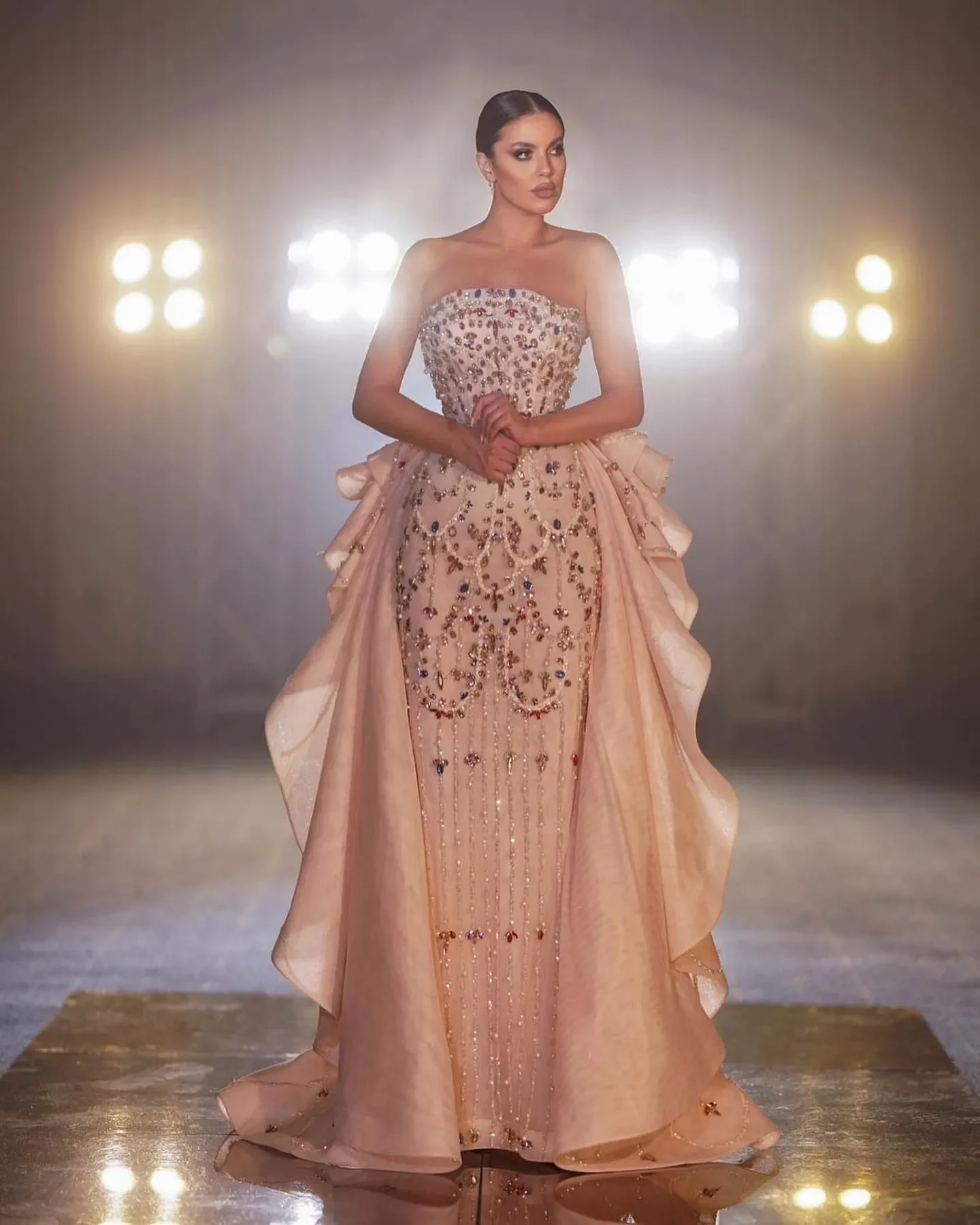 Fashionable Champagne Mermaid Prom Dress Orangza Promdress Beaded Crystals Evening Formal Party Second Reception Birthday Engage