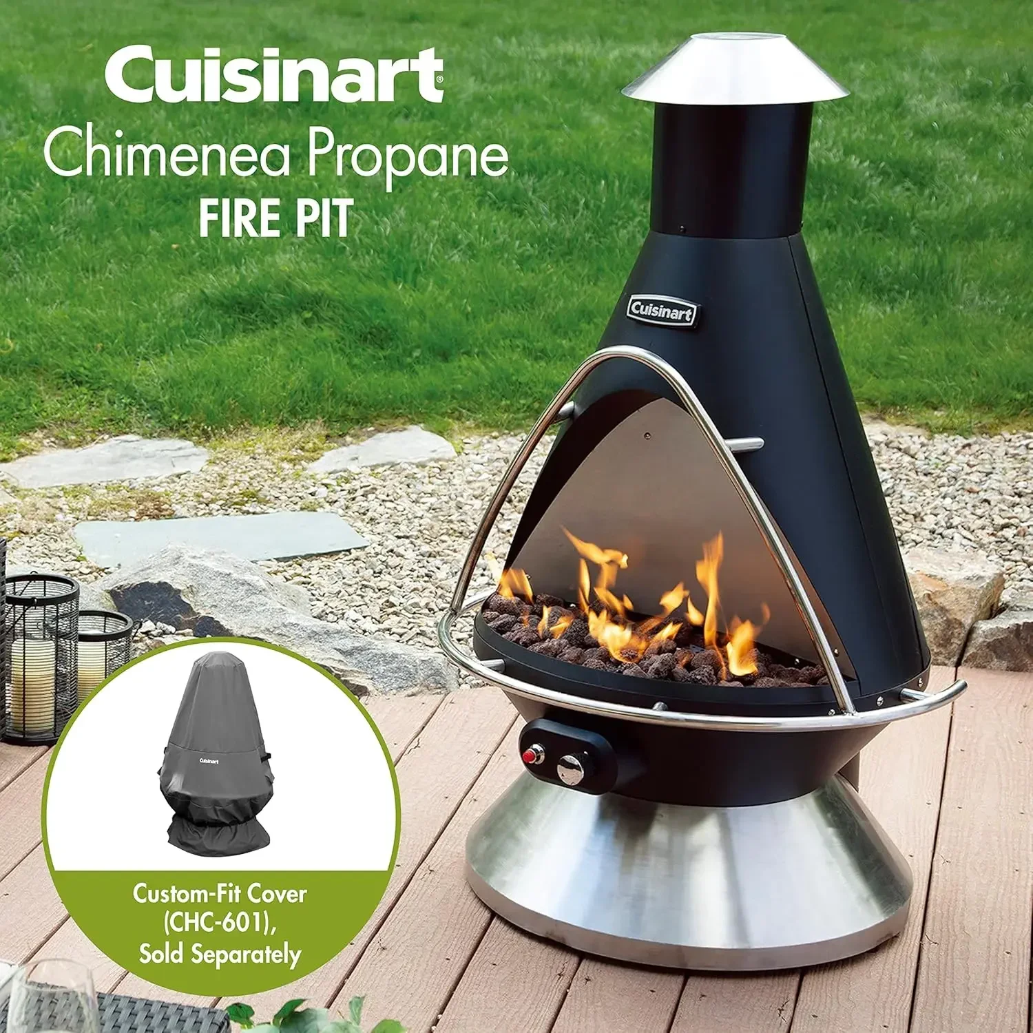 Cuisinart COH-600 Chimenea de propano, calentador de patio con interruptor de seguridad basculante, 8 libras. Rocas de lava incluidas, 31" x 31" x 4