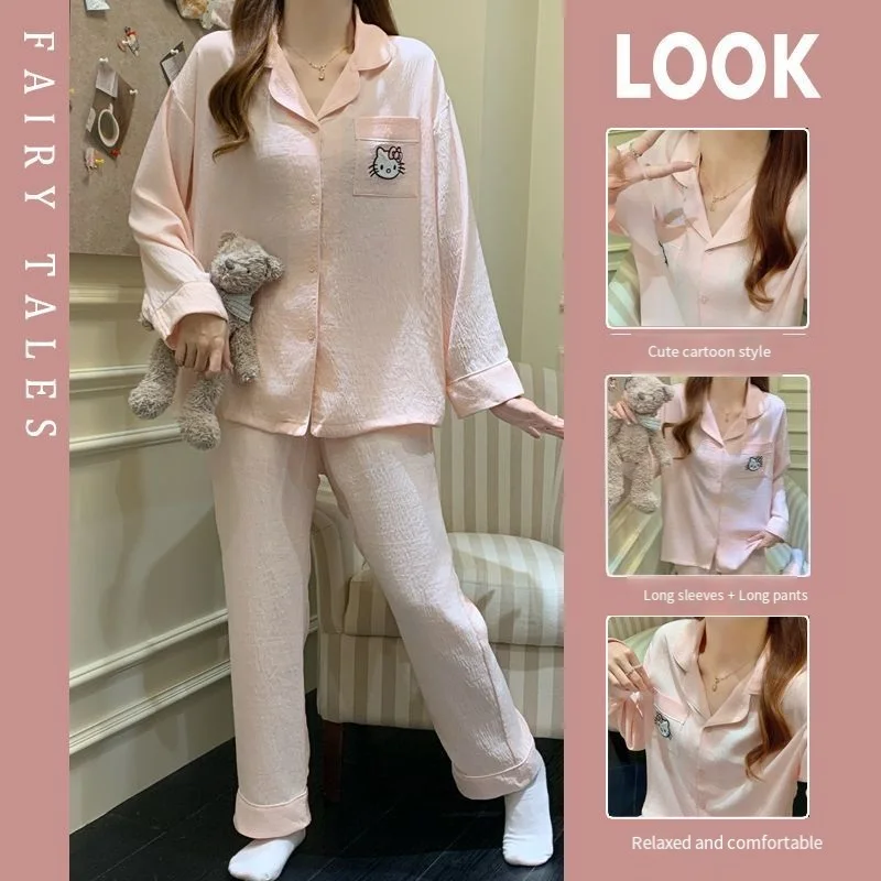

Sanrio Hello Kitty Women's Nightgowns Sets Cuteore Cartoon Spring Autumn Sleepwear Long Sleeve Pant Sleeping Pajama Homewear New
