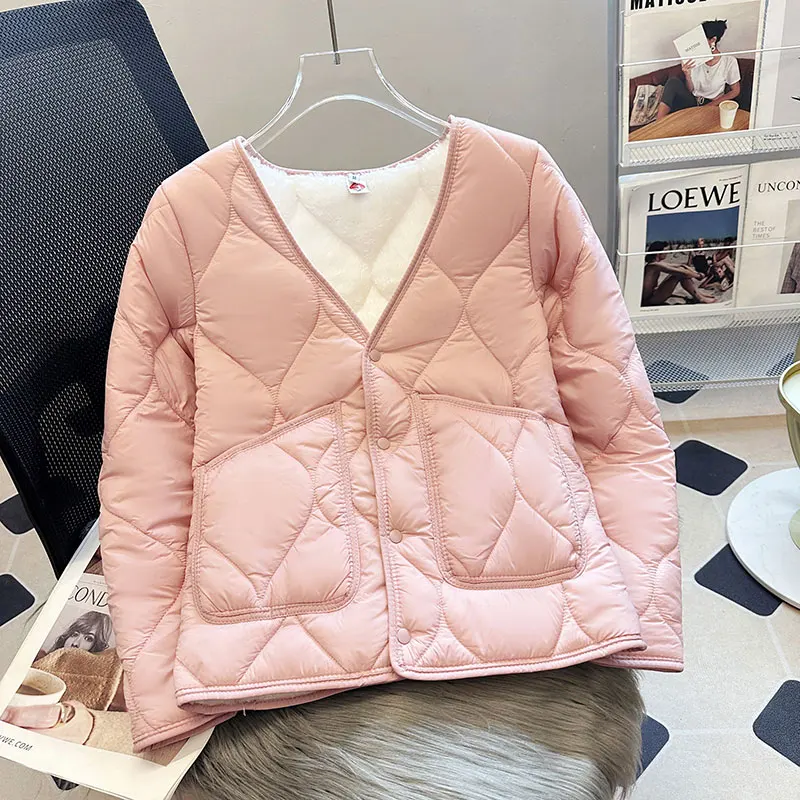 

Women Winter Fleece Cotton Padded Jacket V-Neck Long SLeeve Single-breasted Thick Warm Quilted Coat Inner Liner Jacket