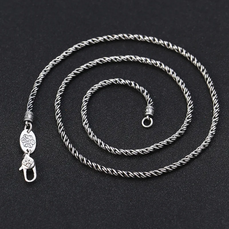 

S925 sterling silver fashion Thai silver 3mm six word mantra necklace men and women retro distressed hemp flowers chain