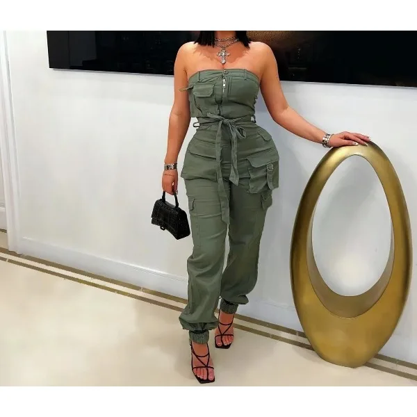

Cargo Jumpsuits for Women Summer 2025 Multi Pocket Sleeveless Backless Zipper Tube Strapless Rompers One Piece Overalls Jumpsuit