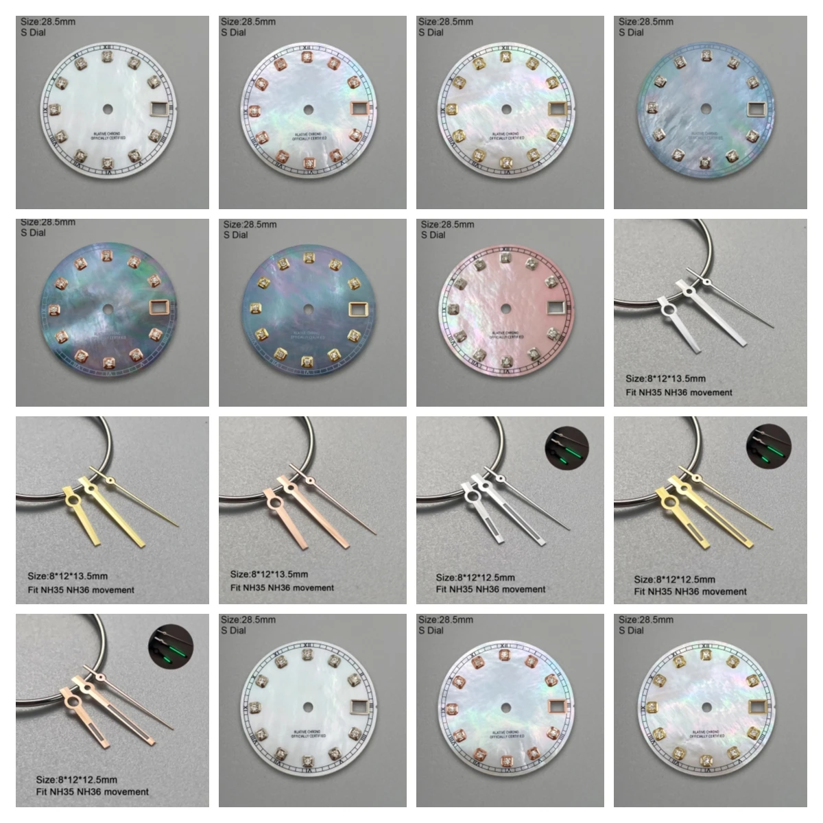 Esfera de nácar con diamantes NH35 con logotipo S de 28,5mm compatible con movimiento NH35/NH36, sin reloj luminoso, accesorios de modificación, herramientas de reparación ﻿