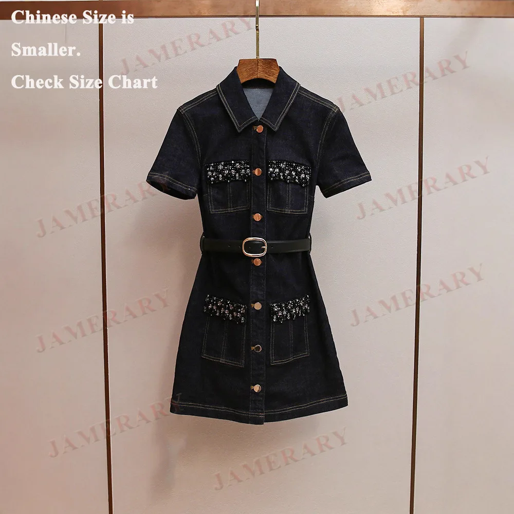 

Лето-Осеннее джинсовое джинсовое платье с бриллиантами, женское однобортное короткое платье с лацканами, повседневное мини-платье, милые