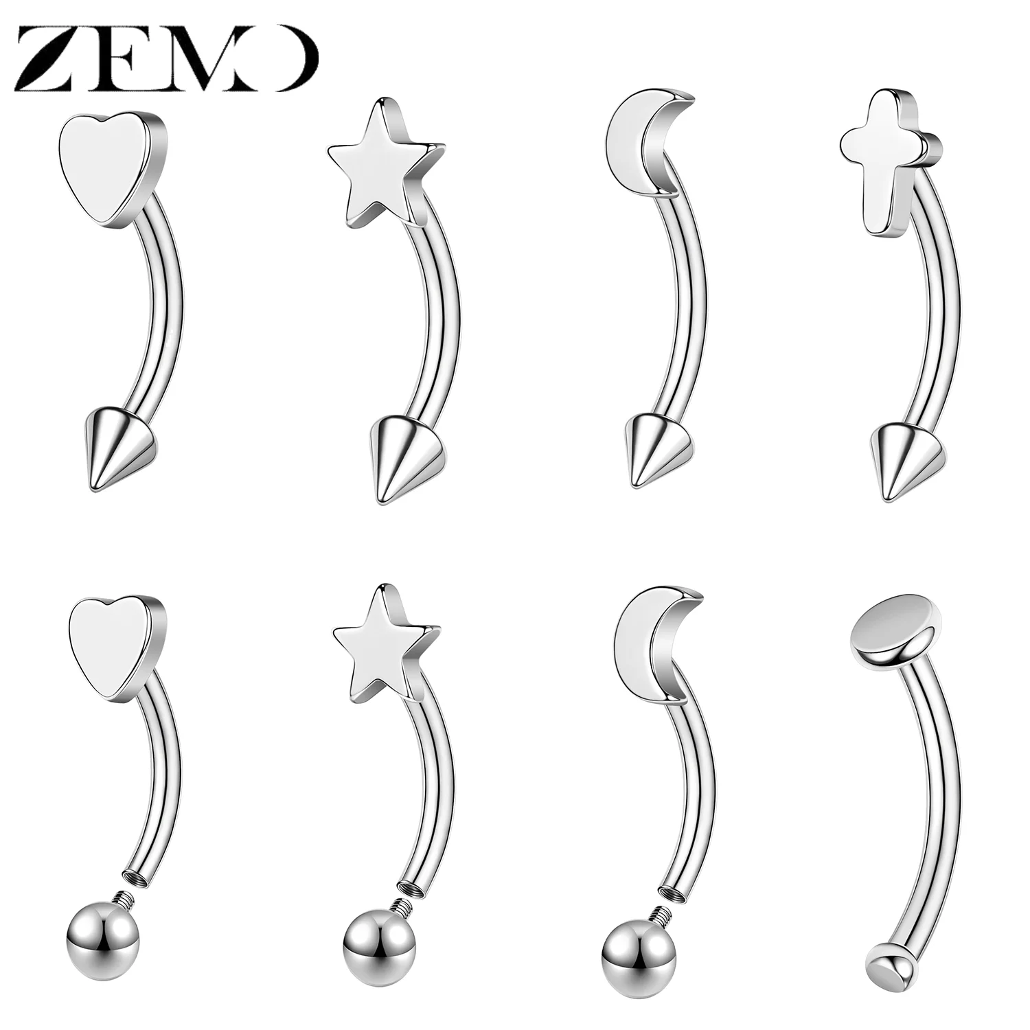 ZEMO 1 Stück 16G Augenbrauenring aus Edelstahl, Herz-Mond-Stern-Brücken-Piercing, gebogene Barbell-Ohrringe, Lippen- und Knorpelpiercing 8/10MM