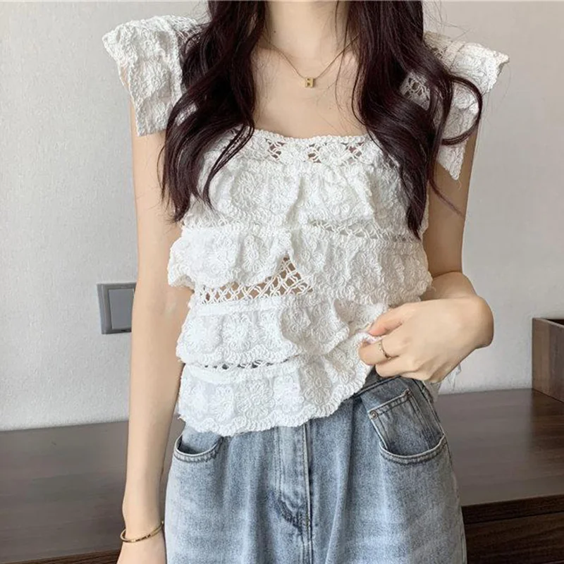 Tiered Ruffled Crochet Top Frilled Flutter Sleeve Semi Sheer Open-knit Crop Tops Blouse Summer Women Teen-girl Fairycore Outfit