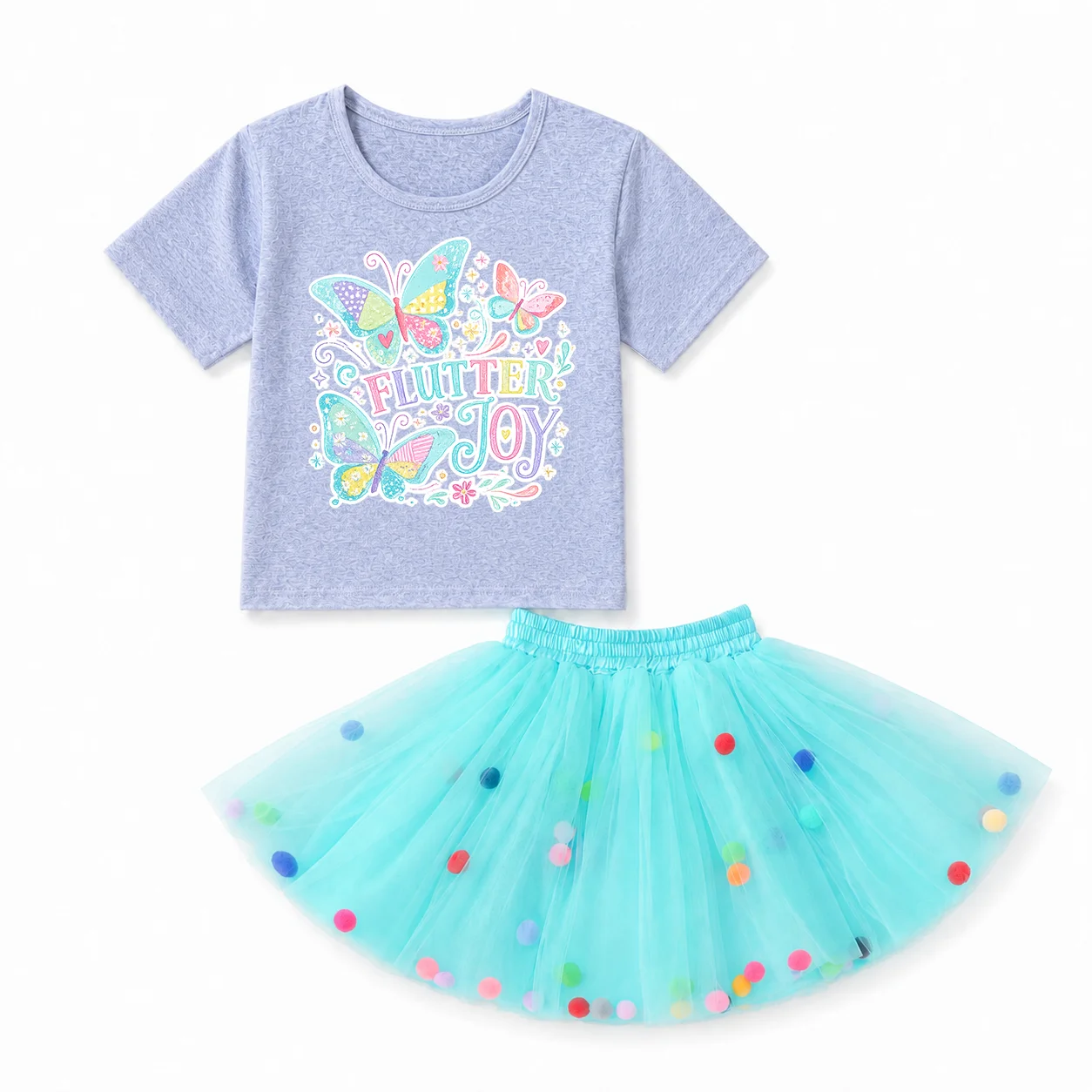 Girls 2Pcs Summer Outfit Set Butterfly Print Short Sleeve Cotton T-Shirt Color Pom Pom Tulle Tutu Skirt Toddler Princess Birthda