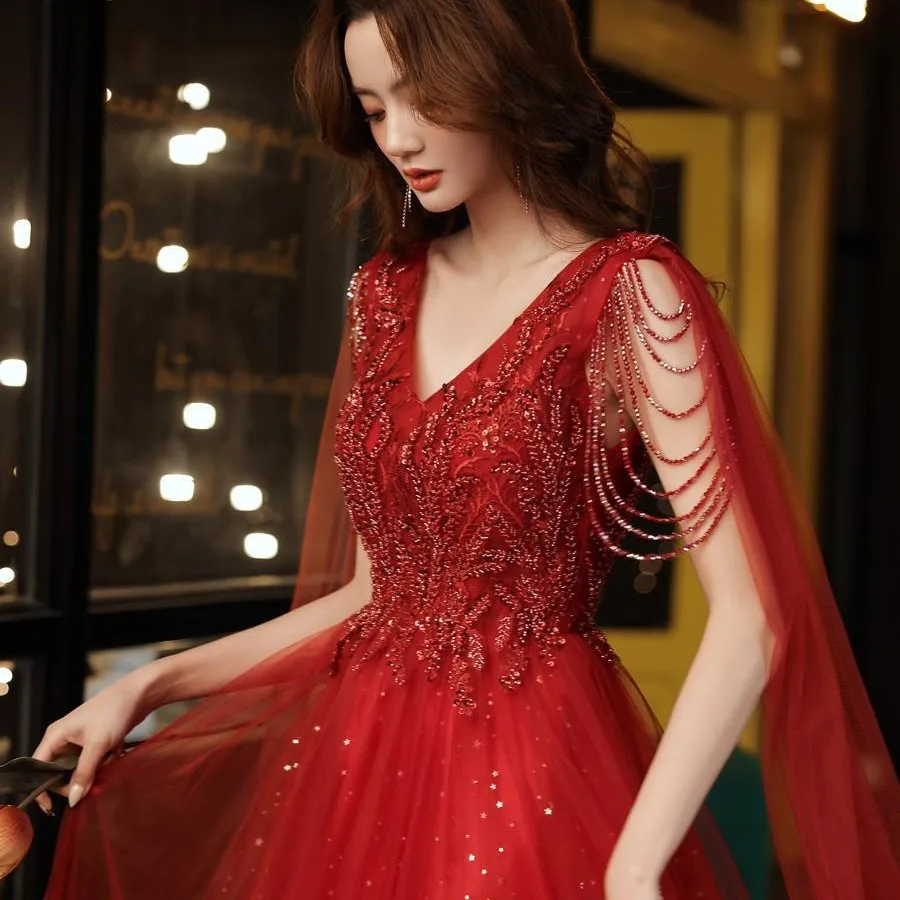 

Luxury French Red Sequined Bride Wedding Dress Sexy V-neck Ball Gown Wedding Evening Party Summer Dress Women Formal vestidos