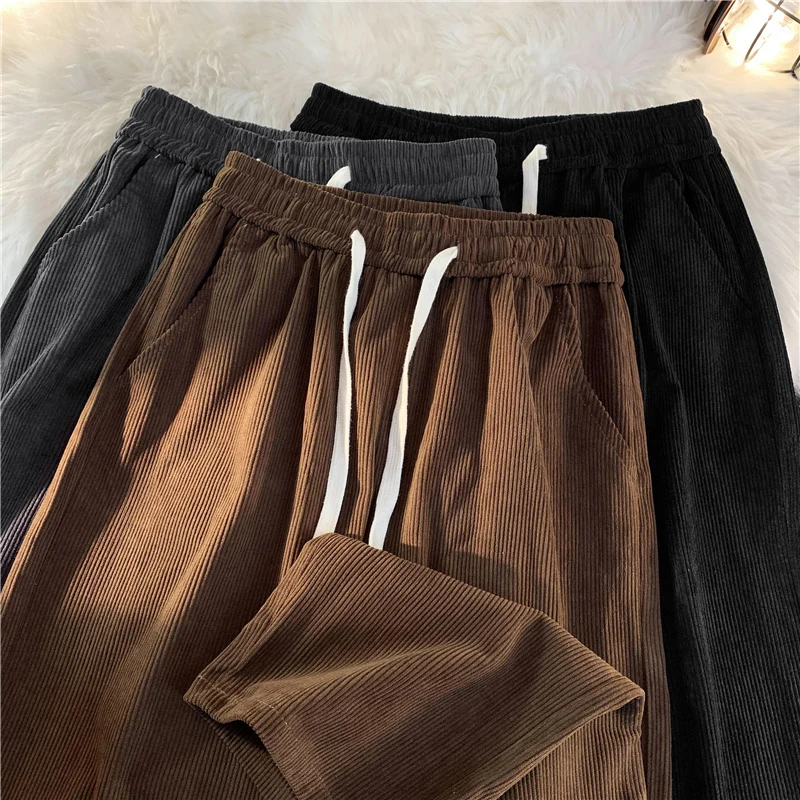 Men\'s White Corduroy Pants 2023 New Korean Fashion Solid Color Casual Straight Baggy Drape Male Clothing Trousers S-3XL