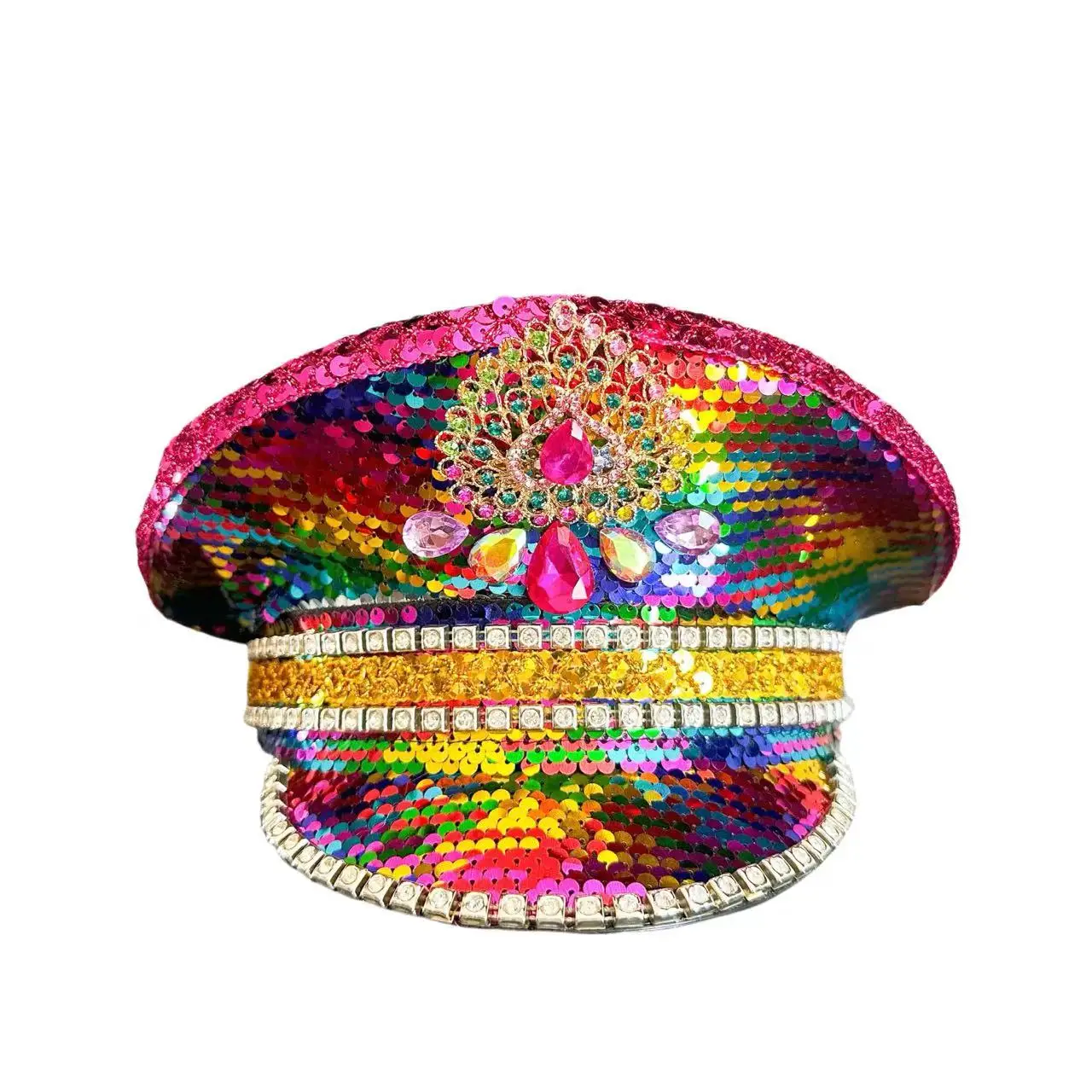 HongLuan Red Vintage Bling Steampunk Captain Hat Rhinestone for Woman,   Burning Man Military Cap for Man