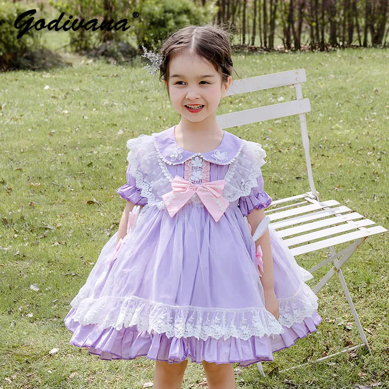 Sweet Baby Girls 2026 Summer New Cute Puff Sleevelolita Tutu Dress Kids Pure Cotton Soft Doll Collar Lace Trim Bow Floral Gown
