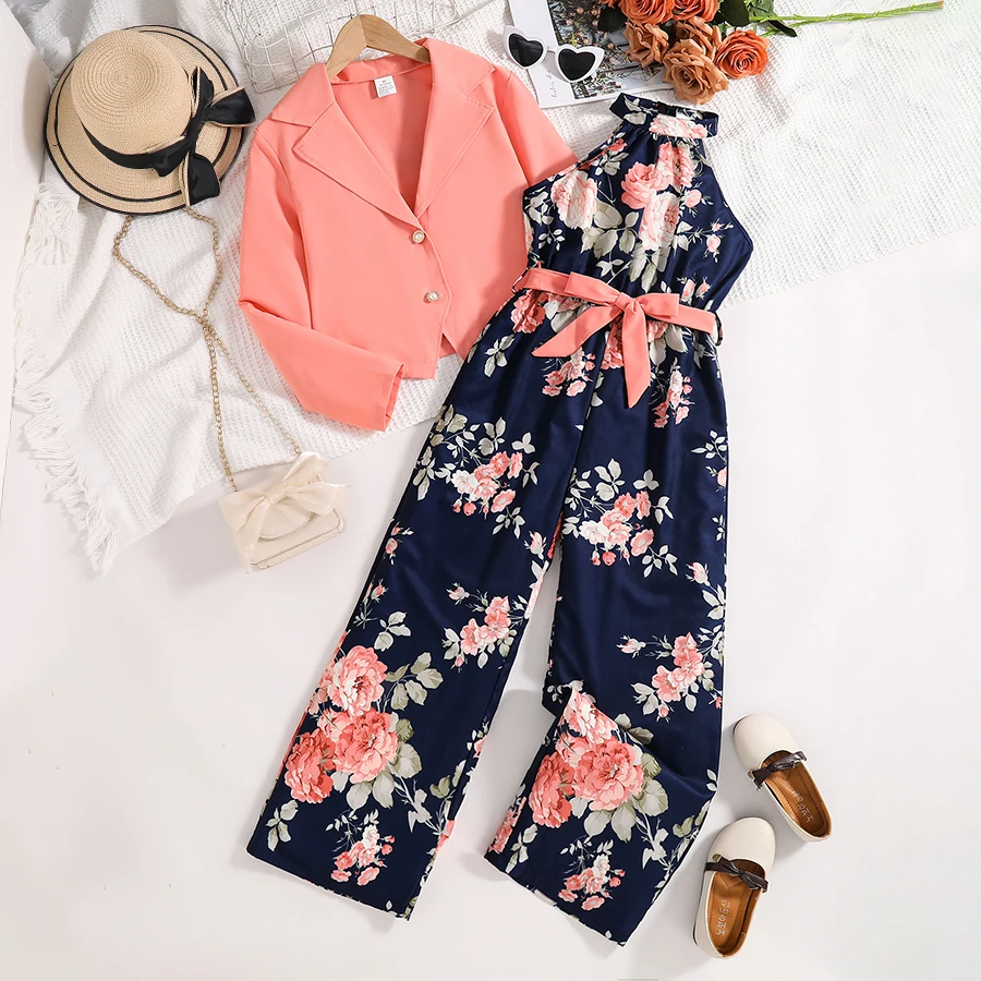 Spring and summer girls fashion outdoor leisure vacation 2-piece pink suit + loose halter high waist one-piece pants dress set