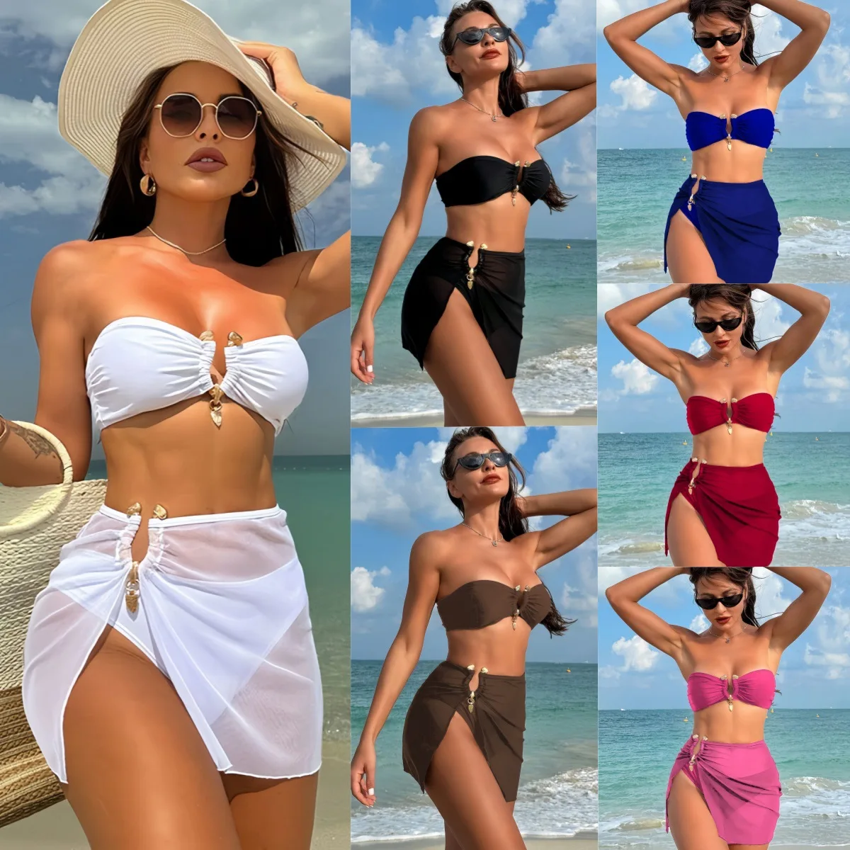 Three-pieces Bikini Set with Mesh Skirt Bandeau Swimwear Female Split Swimsuit Women Metal Ring U Shaped Bandeau Bathing Suits