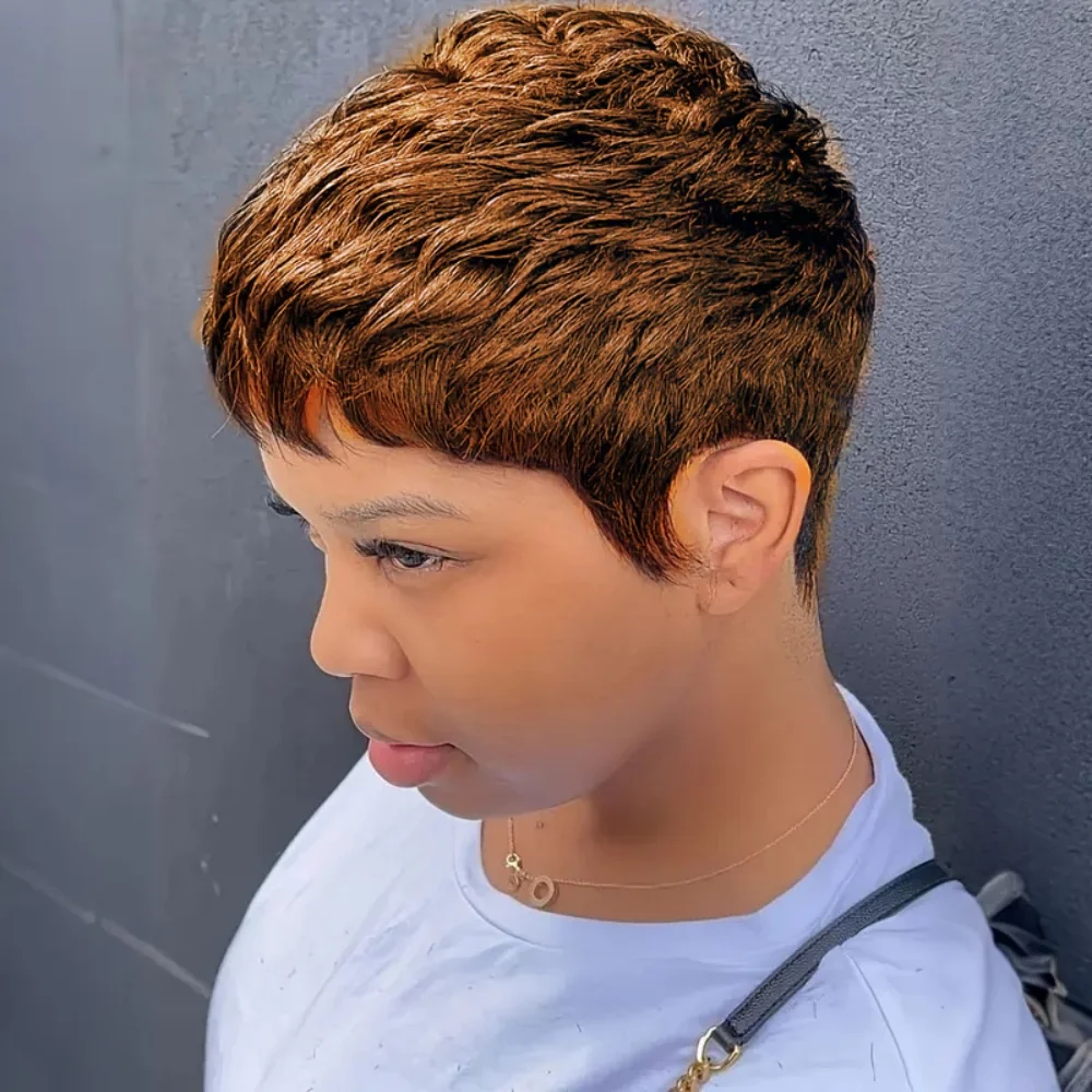 ピクシーカットウィッグ人毛女性のための前髪ブラジルバージンヘアフルマシン