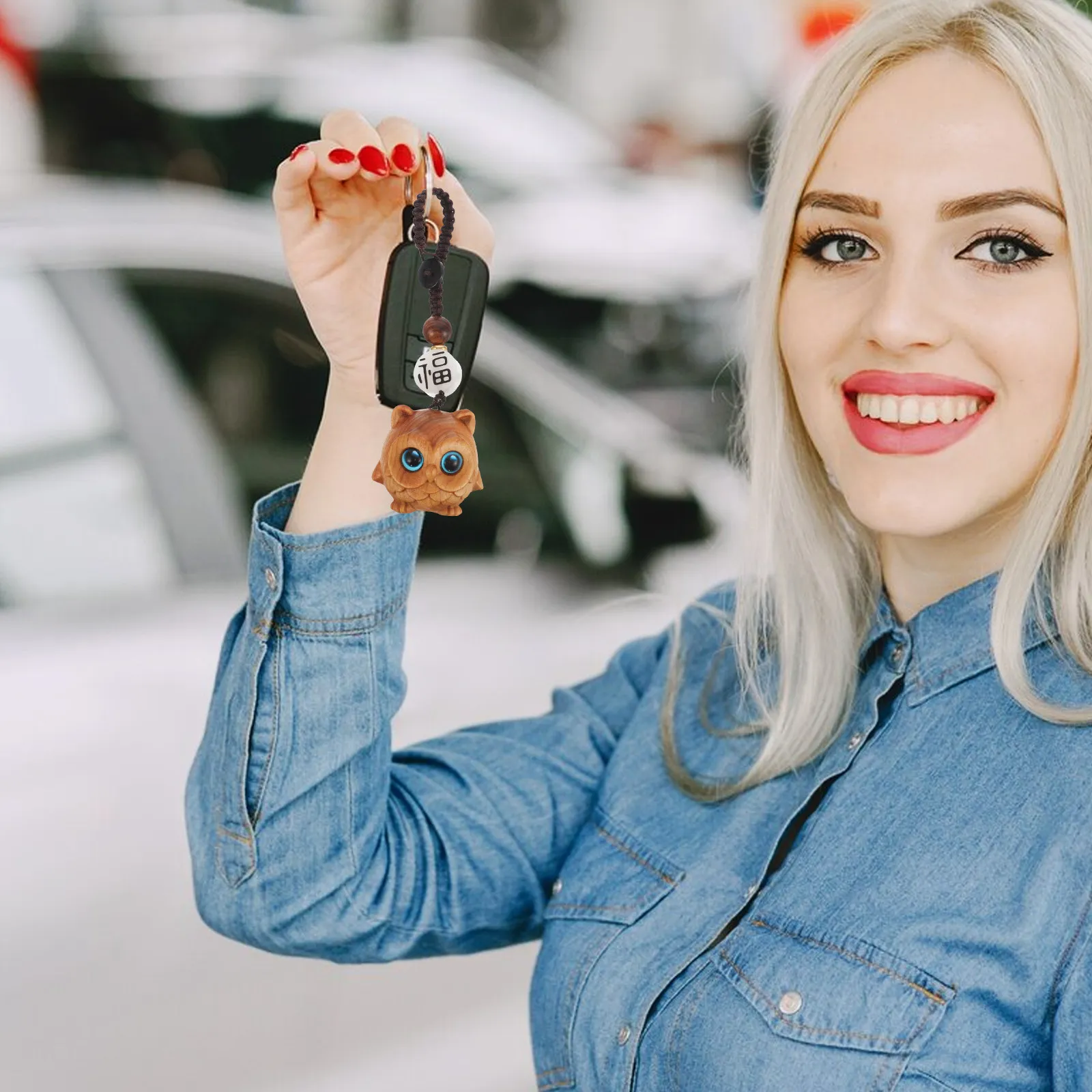 Wood Owl Keychain Hand-Carved Detailed Craftsmanship Unique Wooden Key Ring for Car Keys Handbag Purse Decoration Hanging