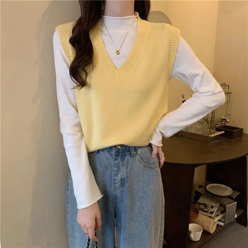 سترة نسائية محبوكة بدون أكمام على الموضة سترة على شكل حرف v أسود وأبيض سترة متماسكة سترة نسائية ملابس خارجية Sueter Feminino Q1095 #2