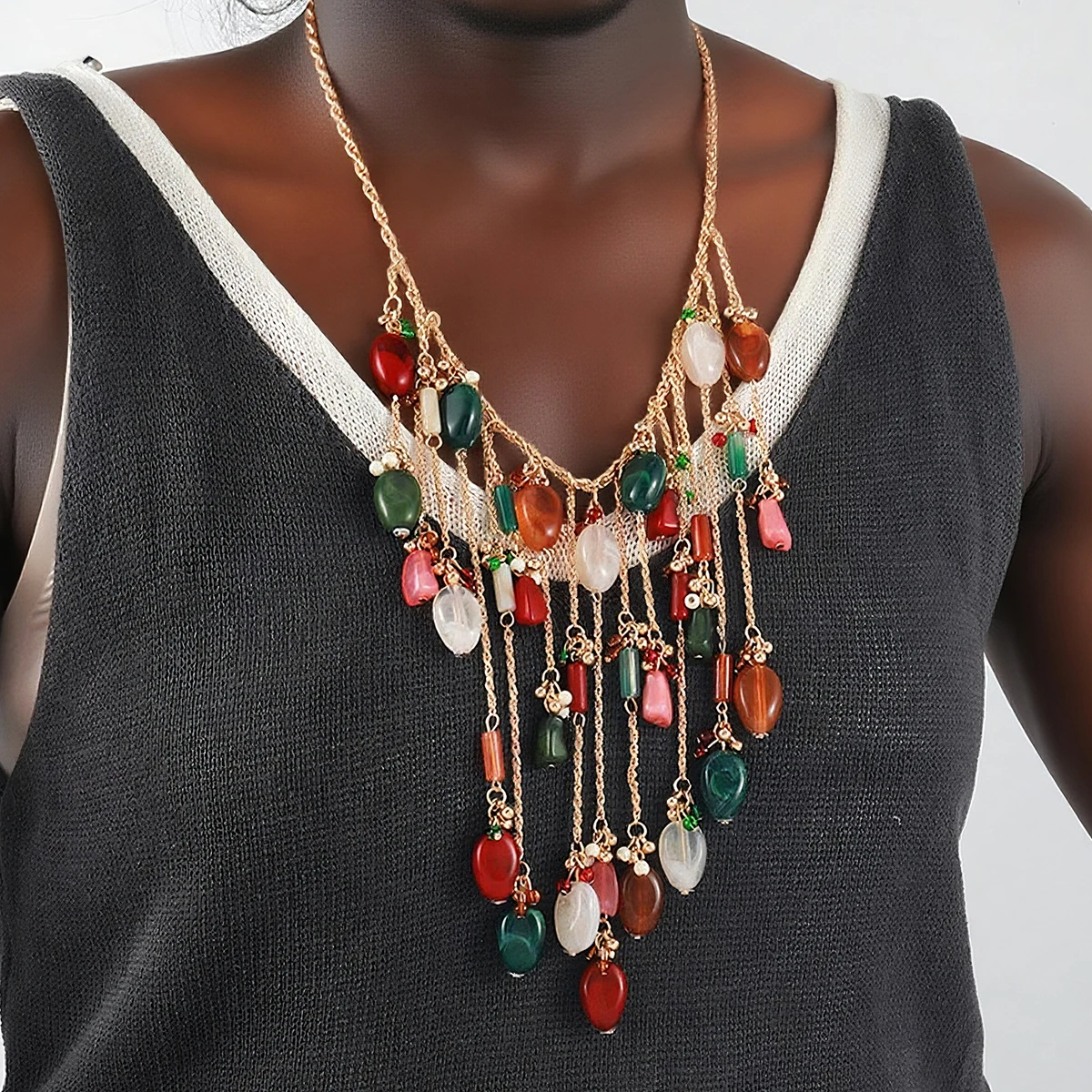 

ZAA Vintage Design Stone Beads Waterfall Tassels Necklaces for Women Personality Jewelry Holiday Party Neck Accessories Gifts