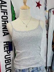 Eyelet Gray Cotton Tank Top for Woman Summer Bow Sleeveless Slim Cropped Vest Female Casual Simple All-match Sweet Crop Tops Y2k