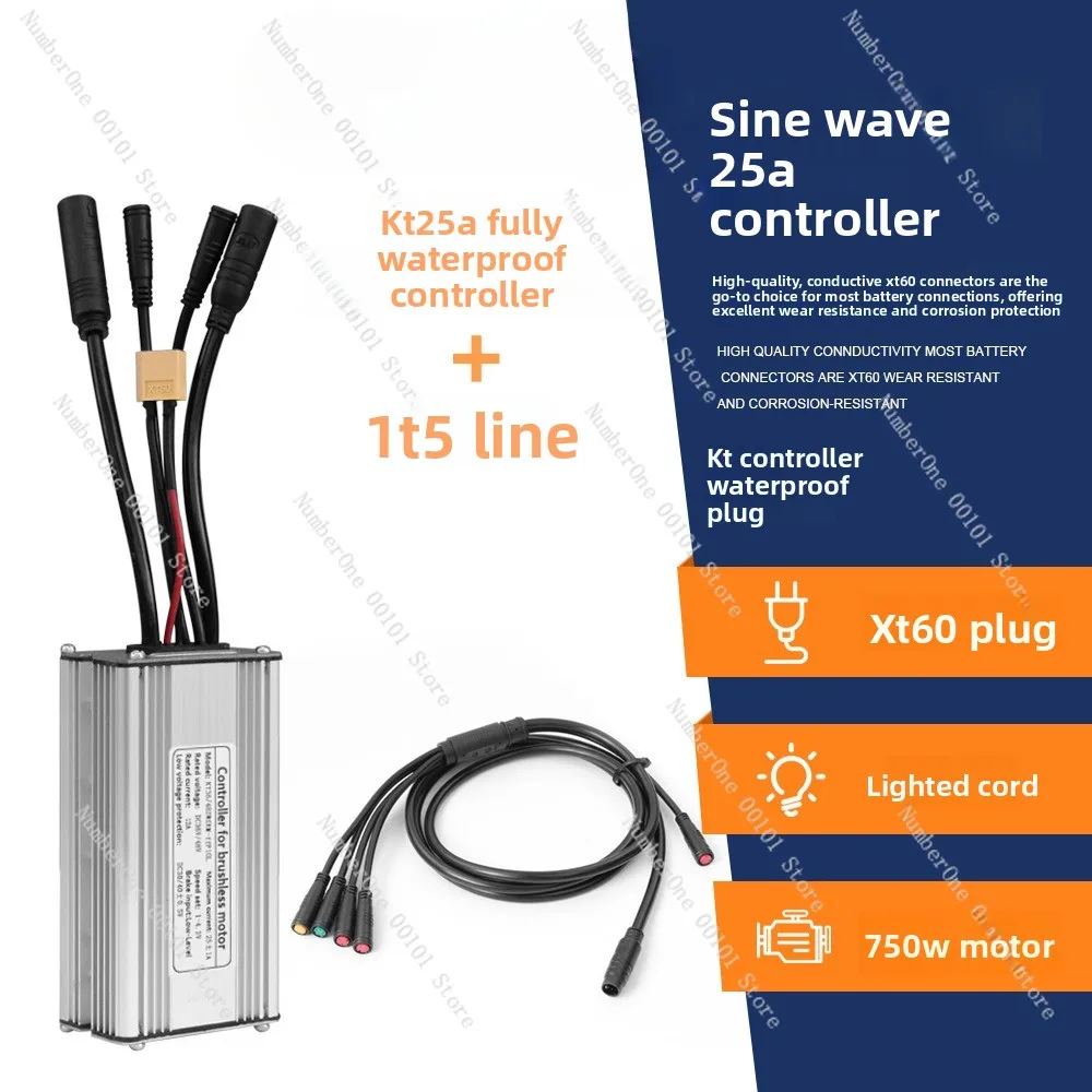 Mountain bike lithium battery restoration quanten kt-25a waterproof connector with light cable sine wave controller + one to fiv