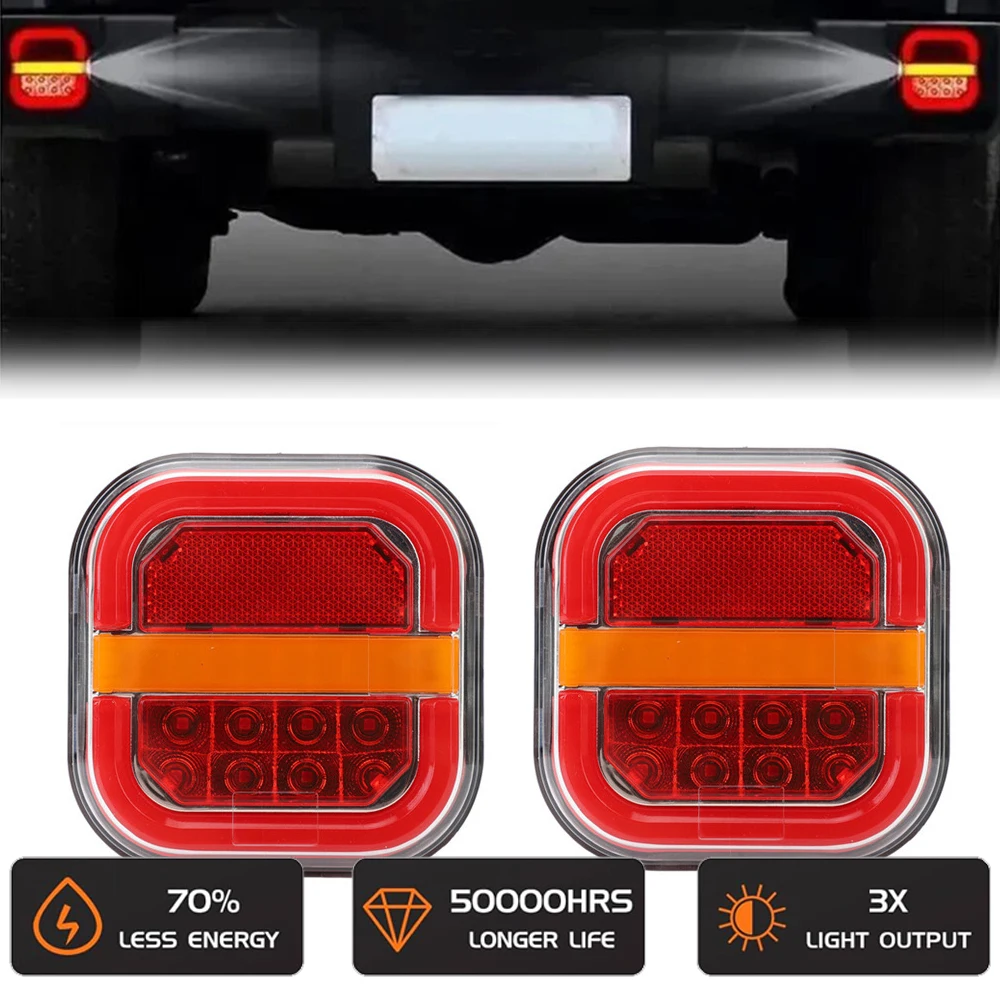 

2Pcs Square LED Multifunction Tail Reverse Brake Light Flowing Turn Signal DRL License Plate Lamp for Trailer SUV Truck Pickup