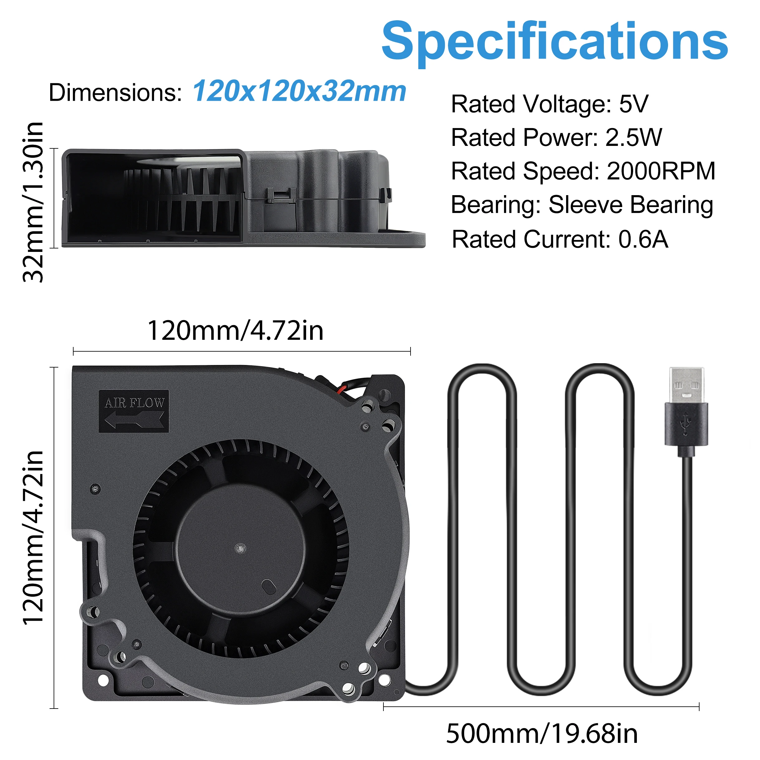 Ventilador de refrigeração centrífugo 120 do turbocompressor da bola dupla do ventilador 120mm dc 5v usb do ventilador 12032x32mm para refrigerar da explosão da grade do bbq