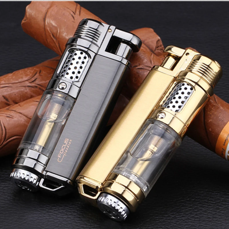 Creative Outdoor Windproof Butane Gas Lighter Press Metal Turbine Flame Blue Flame Straight Jet Cigar Lighter Men\'s Gift2023