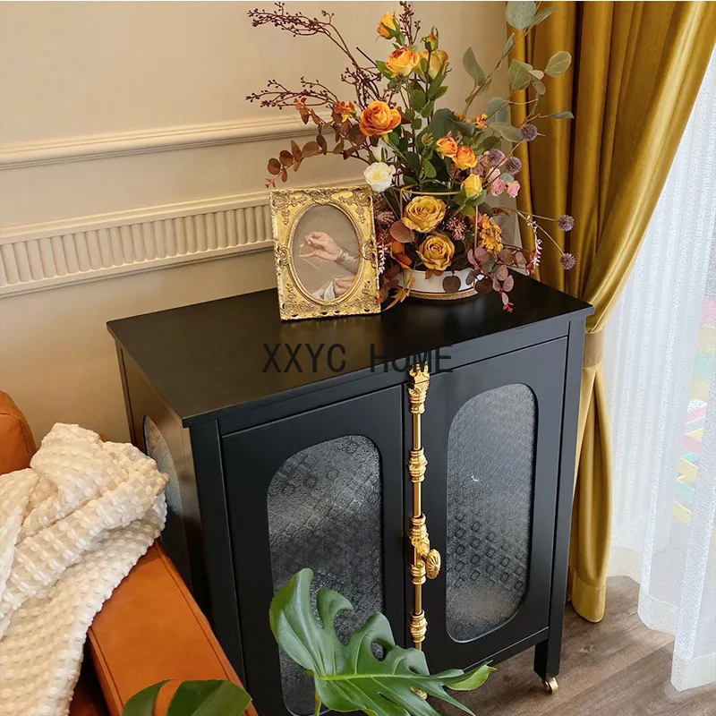 

Black dining side cabinet, solid wood small apartment, kitchen storage cabinet, French retro tea cabinet
