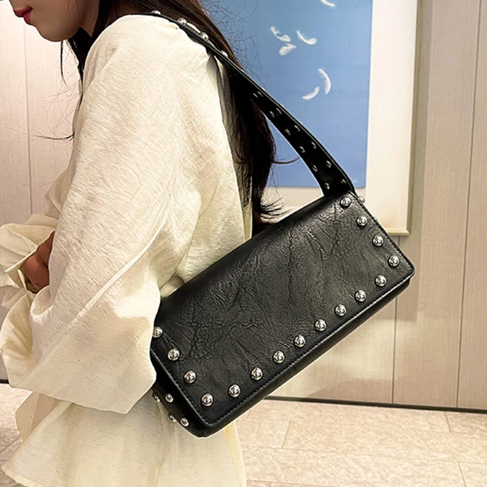 

Punk Rivet Women Shoulder Bag High Quality PU Leather Underarm Bags for Women Handbags and Purses Studded Pillow Bags Clutch NEW