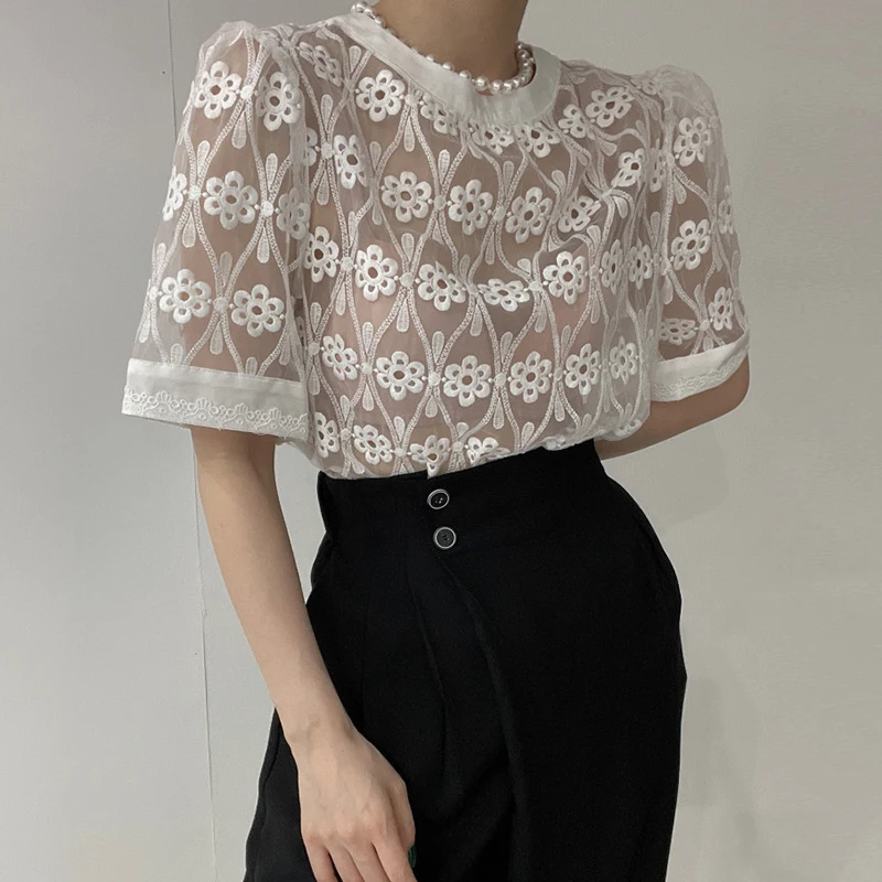 Ele round Ne Haftowana Koronka Luźna Damska Sukienka Bubble Sve z Krótkim Rękawem Letnia Moda Wysoki Stan Krótki Top Casual