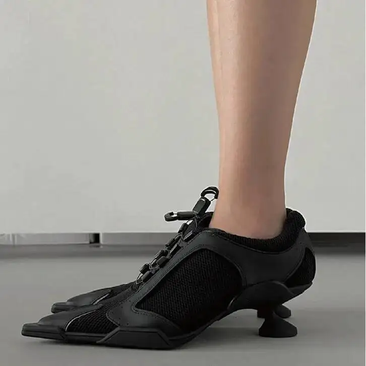

Mesh panel high-heeled sneakers women pointed toe lace up 5cm strange style black sports shoes new fashion leather sneakers