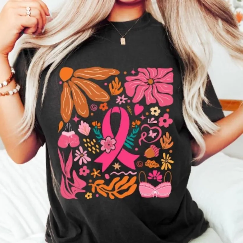 

Осведомленность Бохо Хиппи Цветочный во October Wear Розовый Рак Подарки для пациентов Поддержка отряда Рубашка Кокетка Лента Повседневная хлопковая футболка