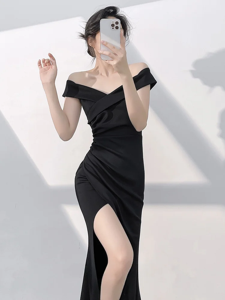 

Bla-oulder Evening Gown Women's 2025 New High-End Ele Lady Fi Tail Host Dr Korean Sle mid Waist Long Skirt