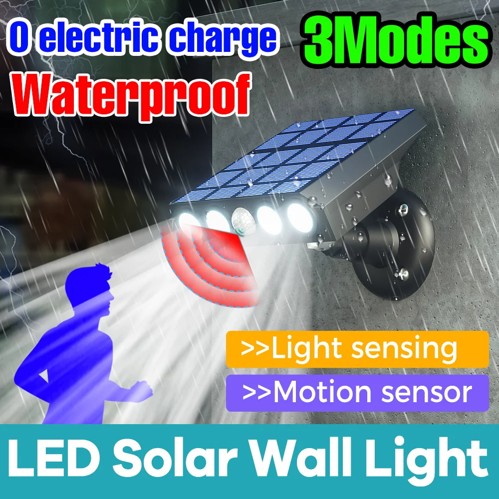 LED Solar Wall Lights Dusk to Dawn Floodlight PIR Motion/Light Sensor Auto On/Off Exterior Wall Mounted Porch Area Street Lamp