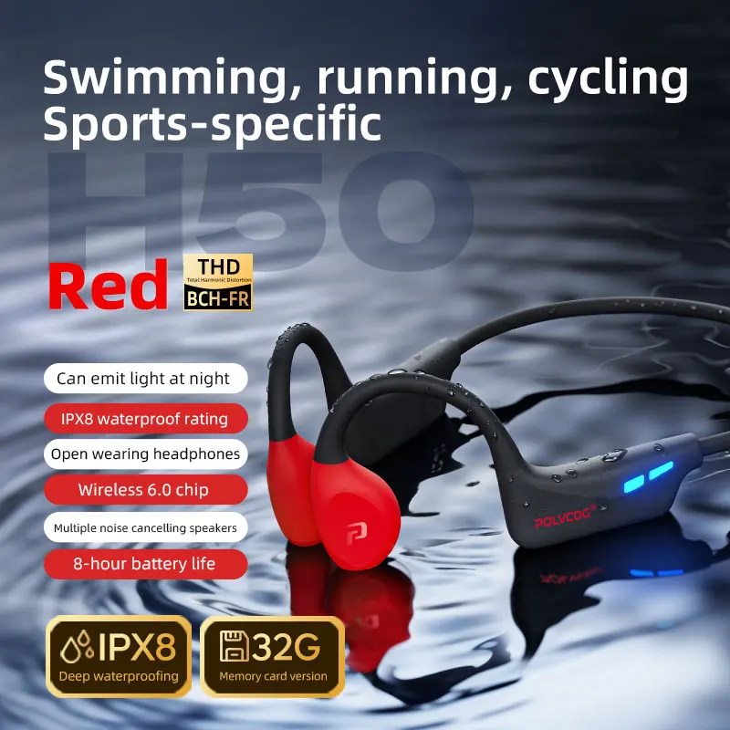 POLVCDG H50 Running Marathon Beengeleiding Oortelefoon Nachtlampje IPX8 Zwemmen Oortelefoon 32GB Geheugen Bluetooth Fietsen Oortelefoon
