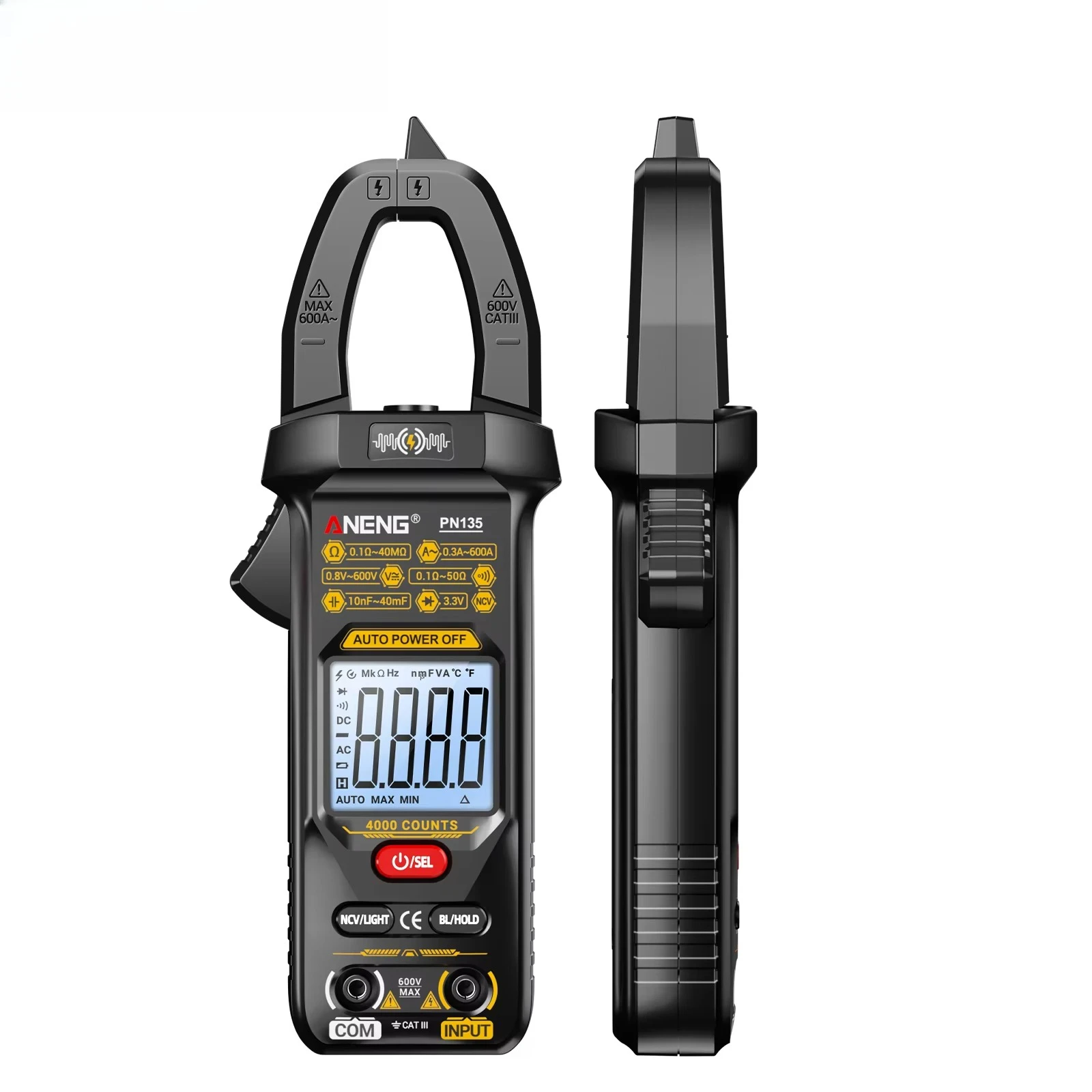 

PN135 Smart Clamp Meter Multimeter High Precision 4000 Counts Measures AC/DC Voltage 600A AC Current NCV Capacitance Ohm