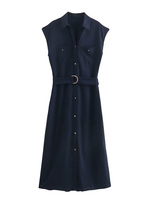 ZAJIA 2025 new women's European and American style fashion lapel with belt style linen blended midi dress