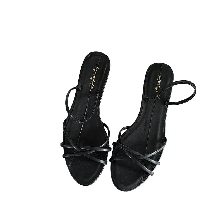 

White Kitten Heels Sandals Ladies Belt Cross Summer Shoes Black Round Toe Low Heels Woman Shoes Comfort Sandalias De Mujer