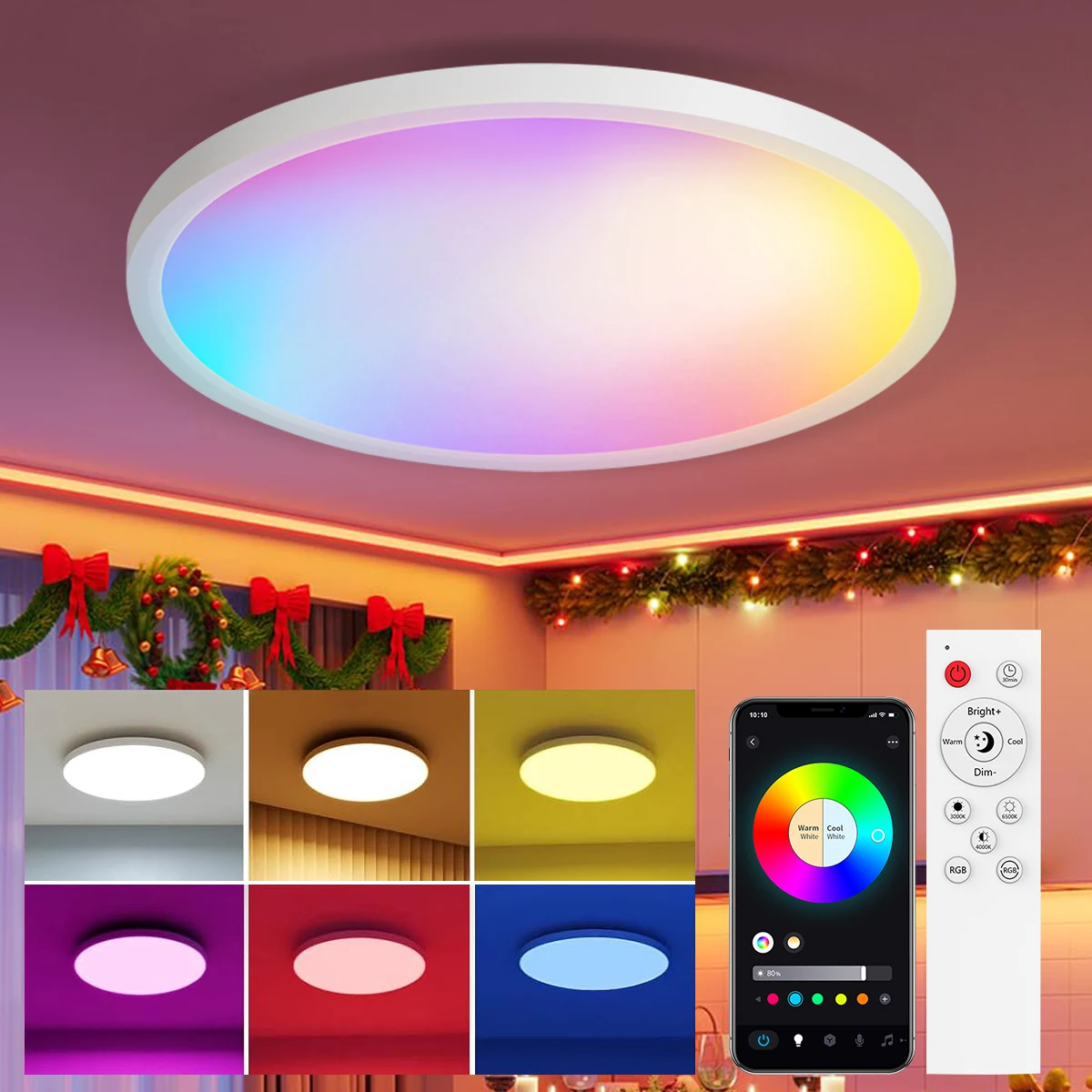 مصباح سقف ذكي واي فاي RGB + CCT LED تركيبات إضاءة السقف متوافقة مع Alexa Google Home 16 مليون متعدد الألوان 3000-6500K