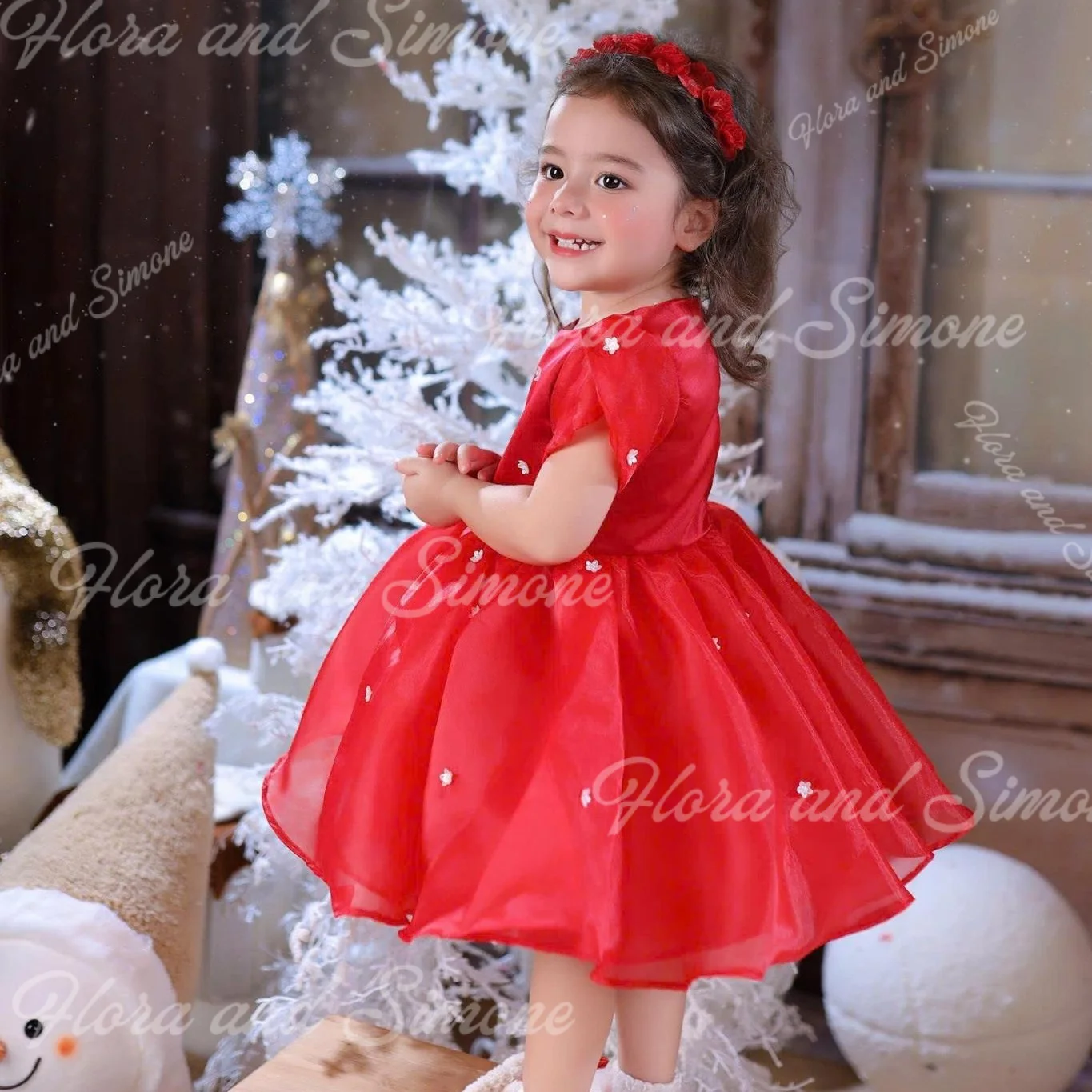 Customized Fluffy Sequin Short style Flower Girl Dress for Christmas Holiday Celebrations Birthday party Dance Performances
