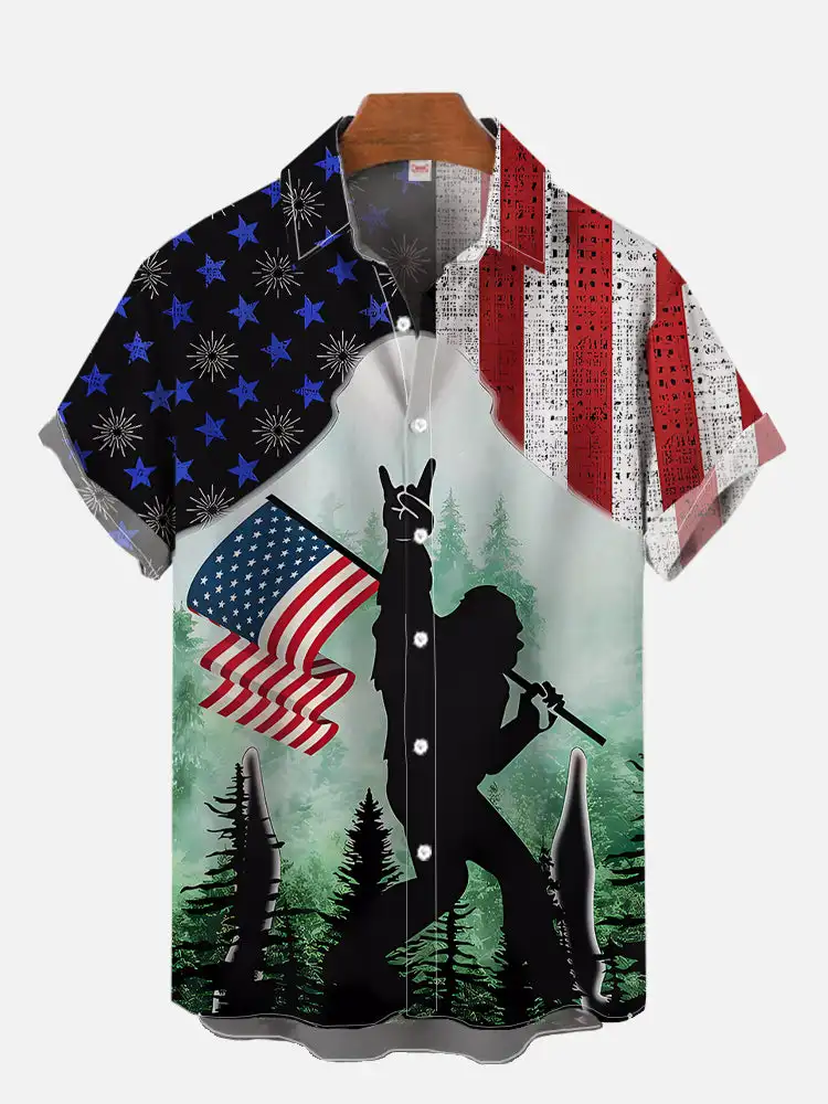 Independence Day Casual Shirts Vintage American Flag Poster Printing Men's Short Sleeved Shirts For Men Fashion Hawaiian Shirts