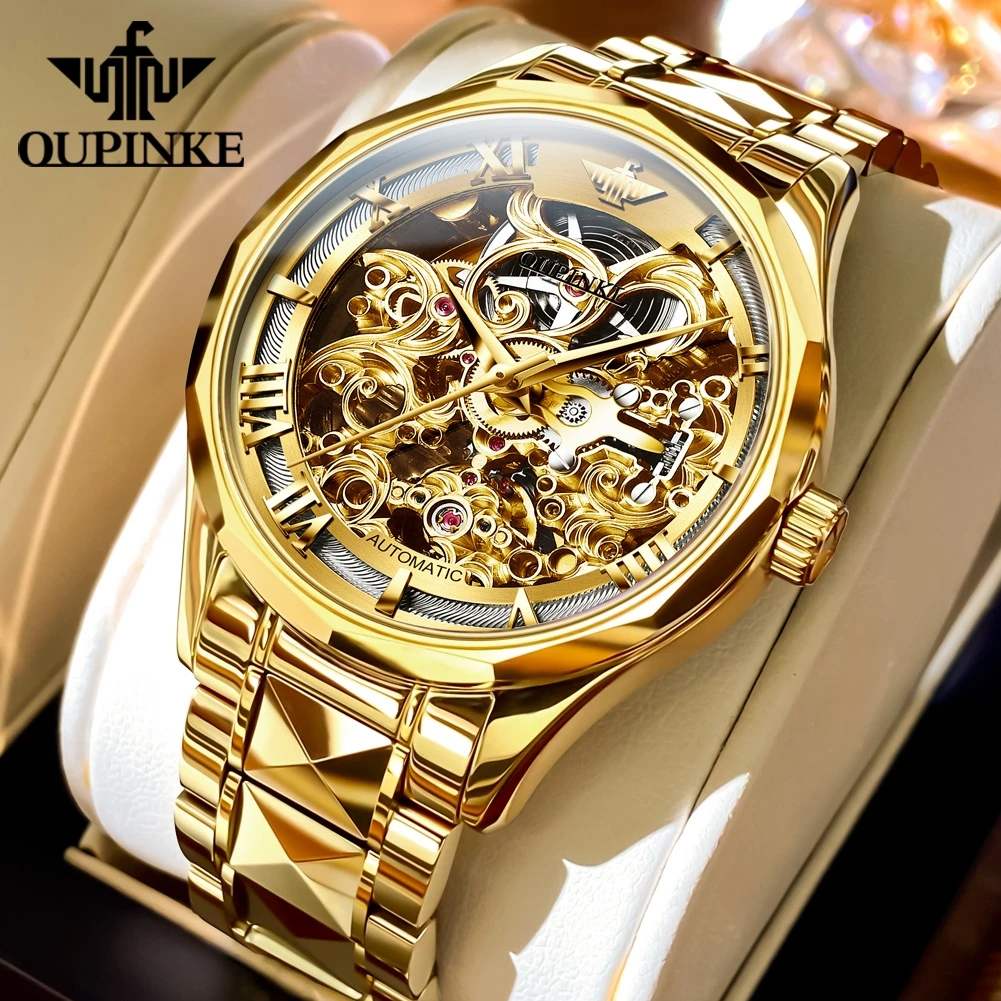 OUPINKE 3168 Full Skeleton Men's Watch Gold Tungsten Steel Luxury Watches Waterproof Automatic Mechanical Men's Watch
